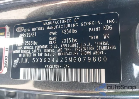 2021 Kia K5 Ex from USA, damaged, VIN 5XXG34J25MG079800